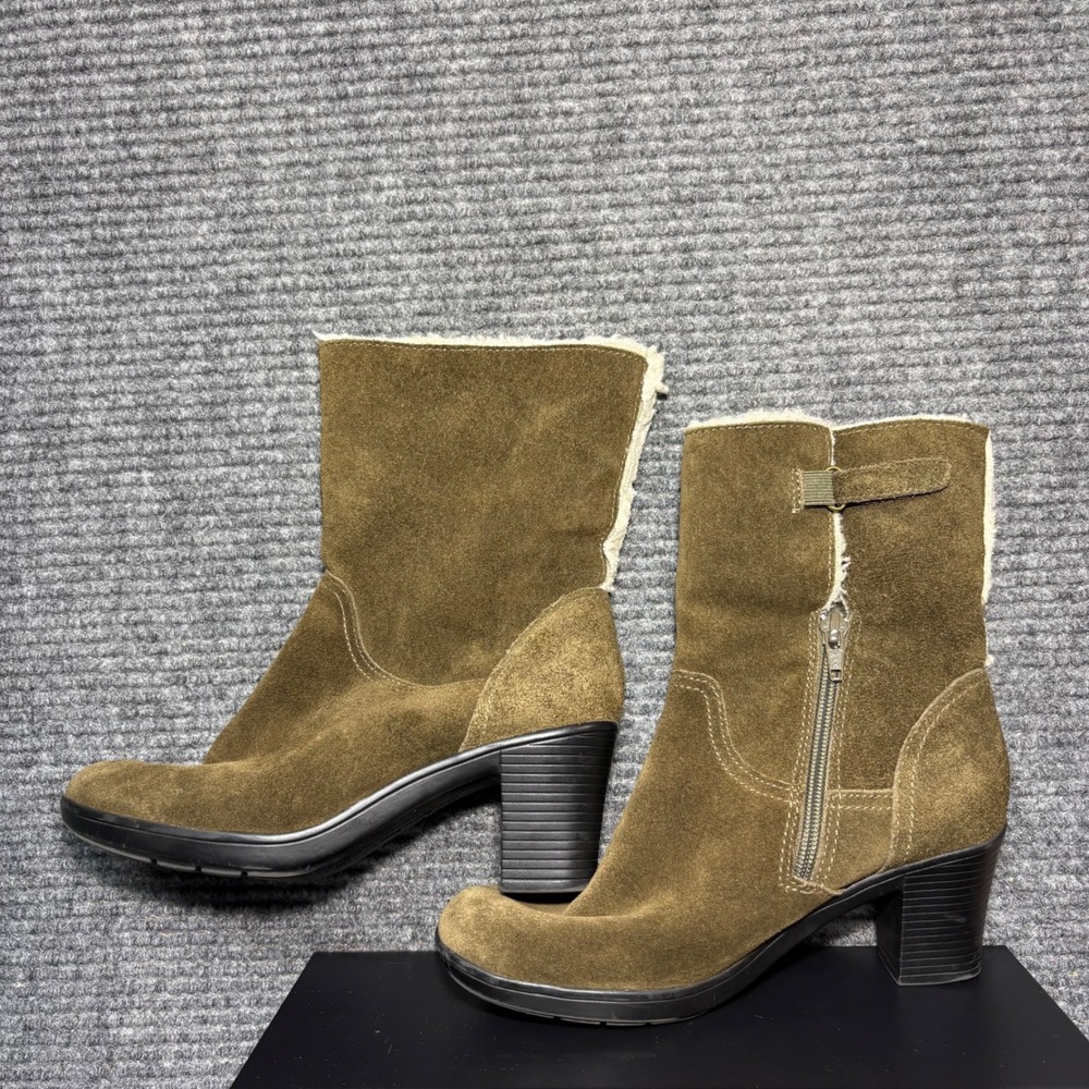 Clarks Women Olive Green/Brown Suede Faux Fur Lined Mid Calf Boots Size 6M 39333